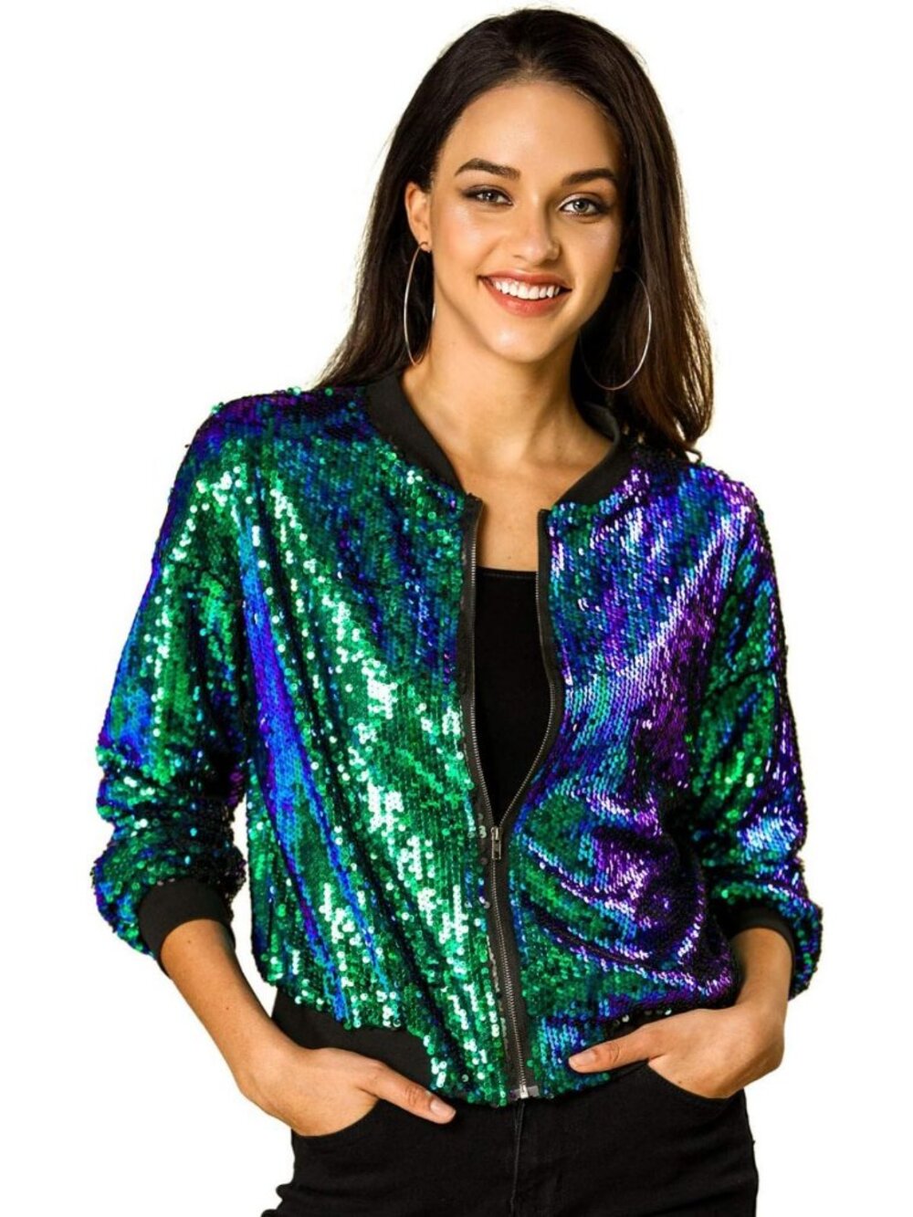 Sparkly Sequin Bomber Jacket for Women | Long Sleeve Glam Top